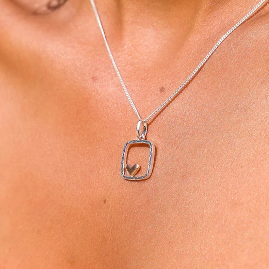 Silver Necklace - Framed Heart Pendant Model close up
