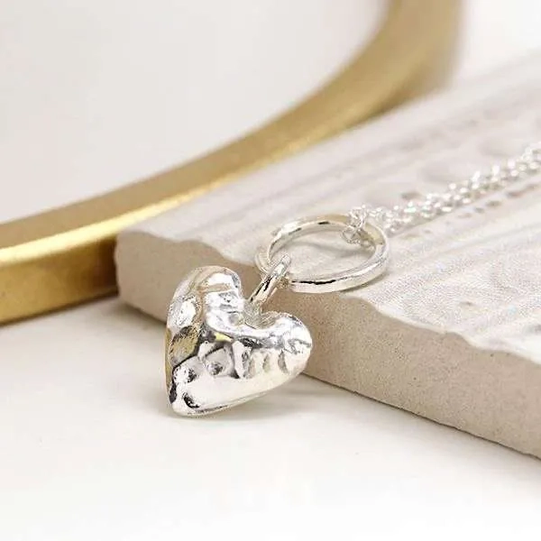 Silver Necklace - Hammered Puff Heart Pendant