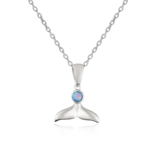 Sterling Silver Necklace - Whale Tail with Ocean Blue Opal Pendant Close Up