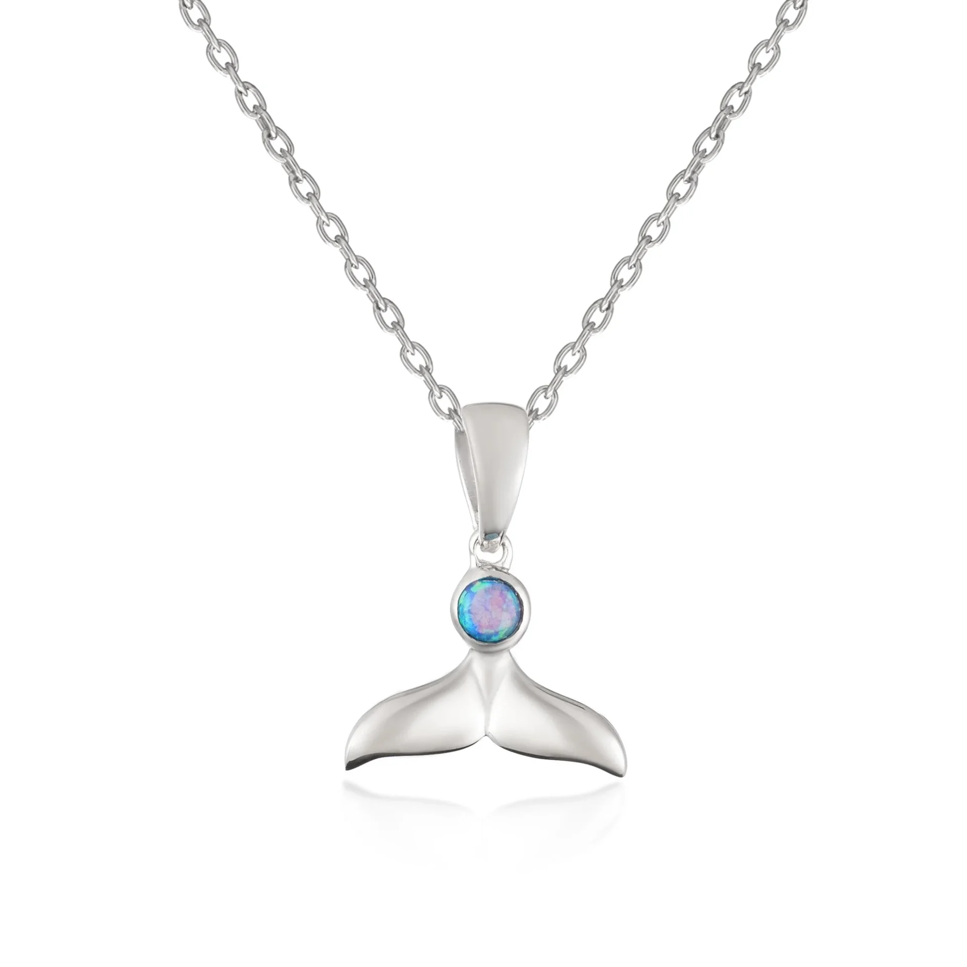 Sterling Silver Necklace - Whale Tail with Ocean Blue Opal Pendant Close Up