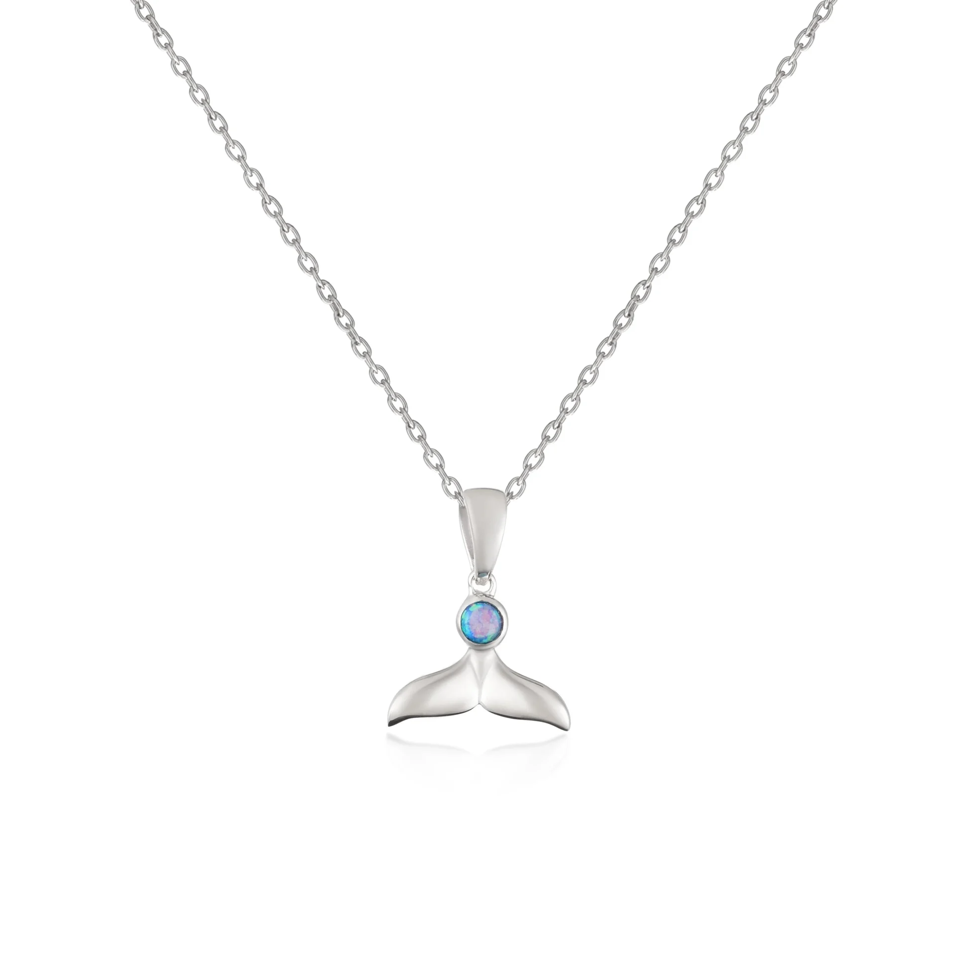 Sterling Silver Necklace - Whale Tail with Ocean Blue Opal Pendant