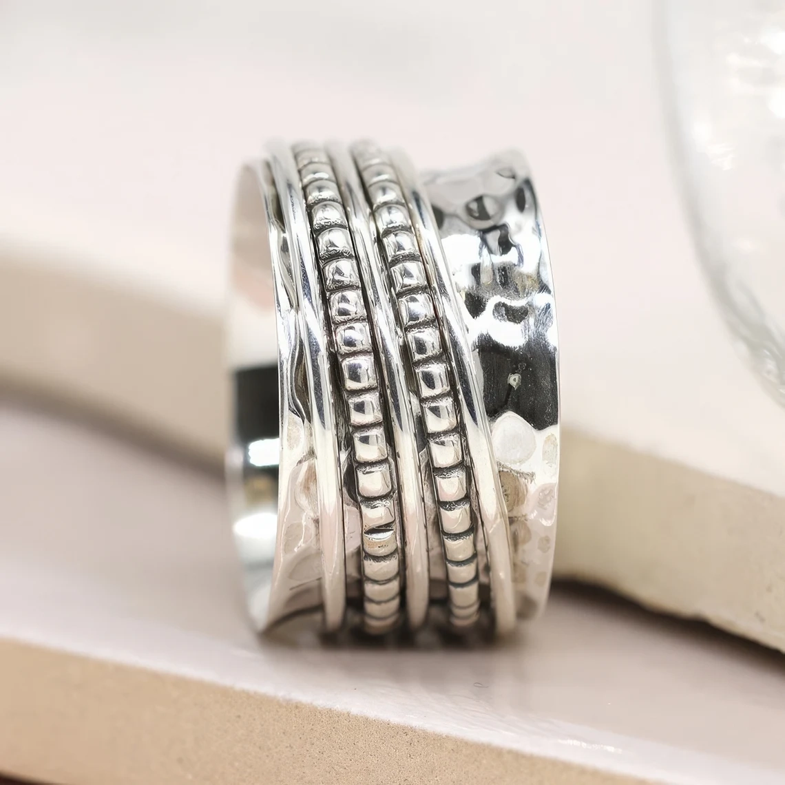 Solid Silver Rings - Spinning Ring - Hammered Dotted Bands Close Up