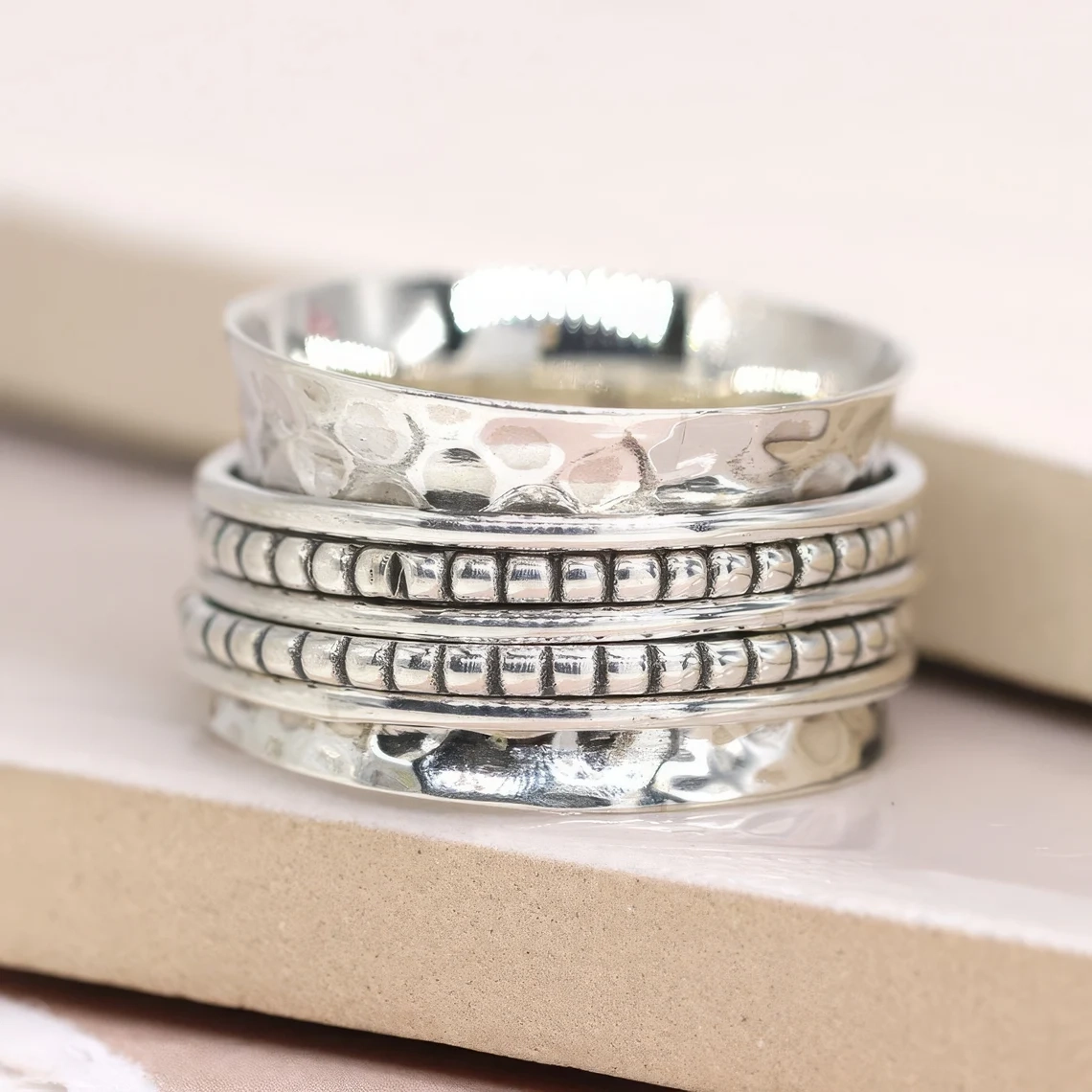Solid Silver Rings - Spinning Ring - Hammered Dotted Bands