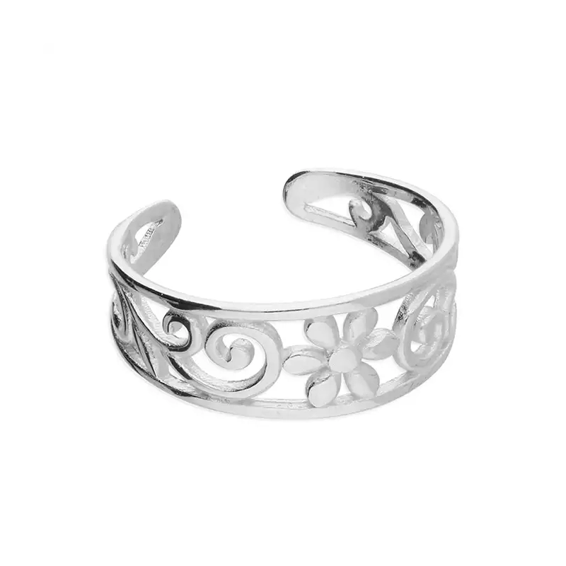 Silver Toe Rings - Flower and Fancy Swirl - H3601
