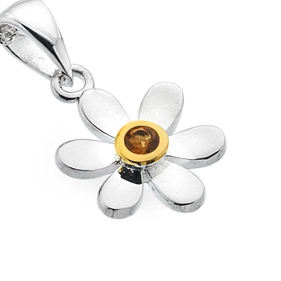Sterling Silver - Necklace - Birthstone November Citrine Daisy Pendant - Close Up