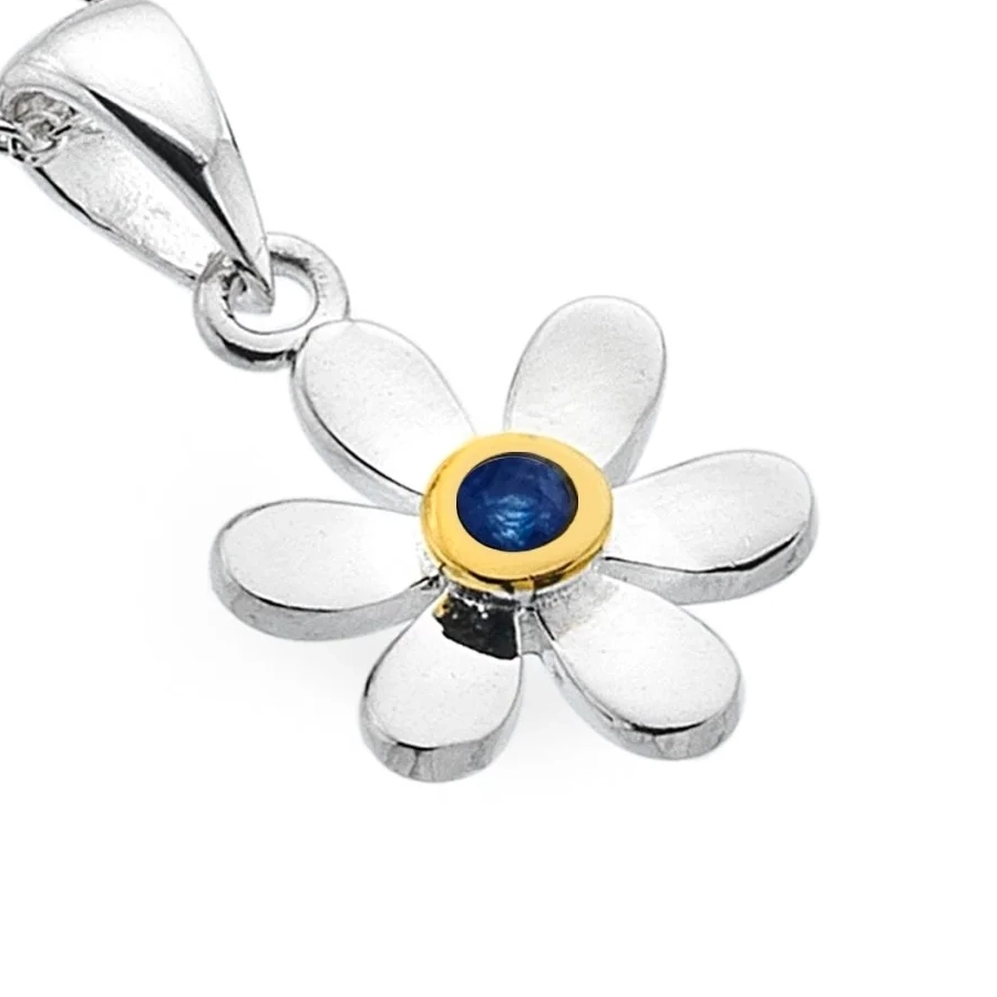 Sterling Silver - Necklace - Birthstone September Sapphire Daisy Pendant - Close Up
