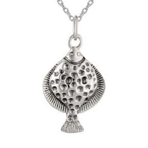 Sterling Silver Necklace - Large Flat Fish Pendant Close Up