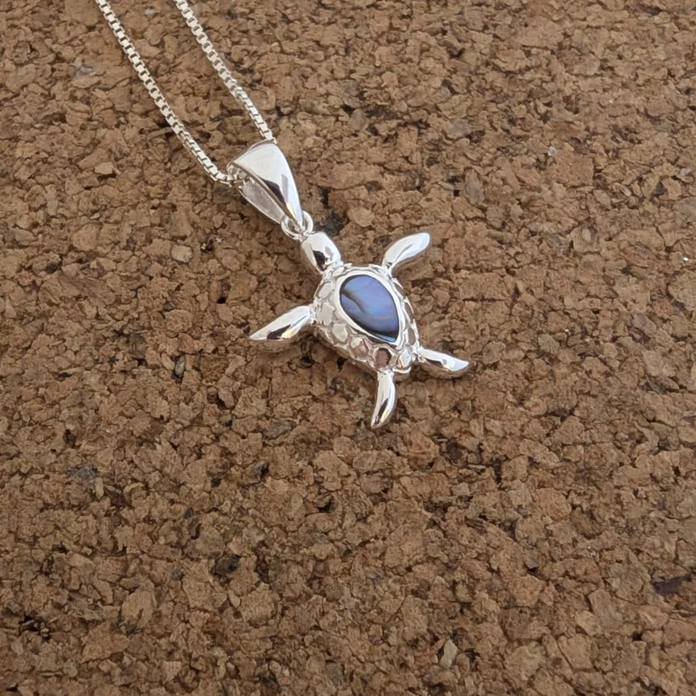 Sterling Silver Necklace - Paua Shell Turtle Pendant Close Up