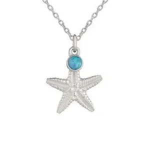 Sterling Silver Necklace - Starfish with Blue Ocean Opal Pendant Close Up
