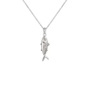 Sterling Silver Necklace - Vertical Mackerel Fish Pendant Close Up