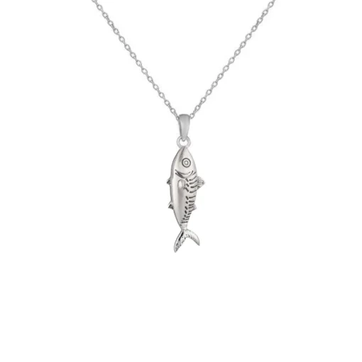 Sterling Silver Necklace - Vertical Mackerel Fish Pendant Close Up