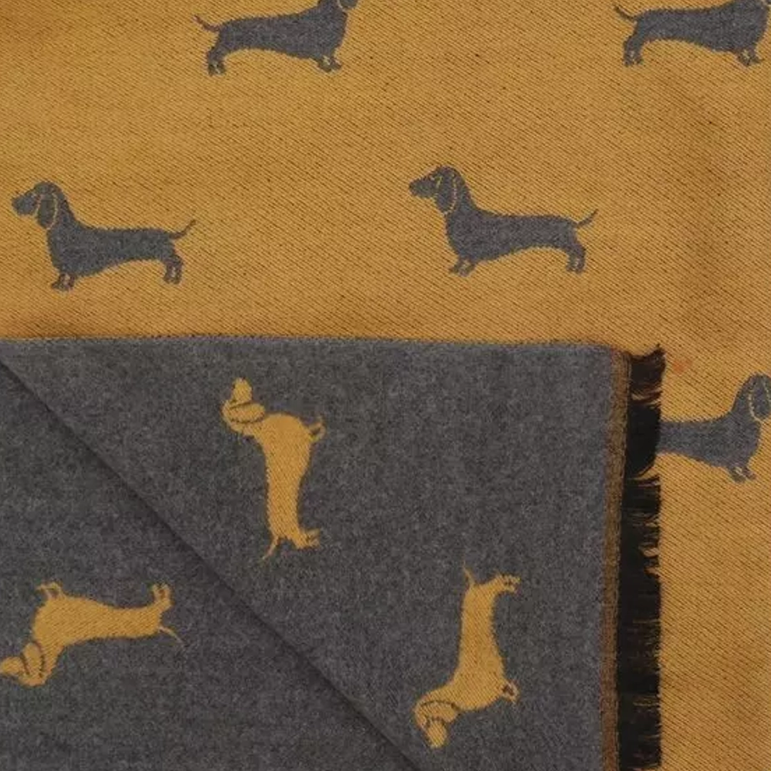 Sausage Dog Dachshund Scarf - Mustard and Grey - 22311 Close Up