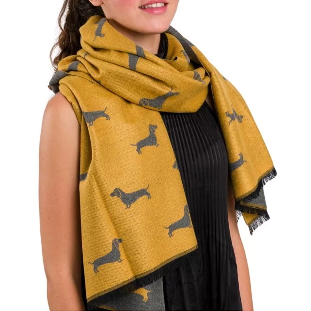 Sausage Dog Dachshund Scarf - Mustard and Grey - 22311 Model